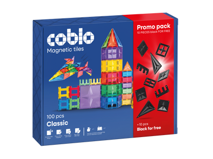 Magnetisch speelgoed Coblo Classic promopack 100 stuks met 10 gratis zwarte tegels voorkant verpakking