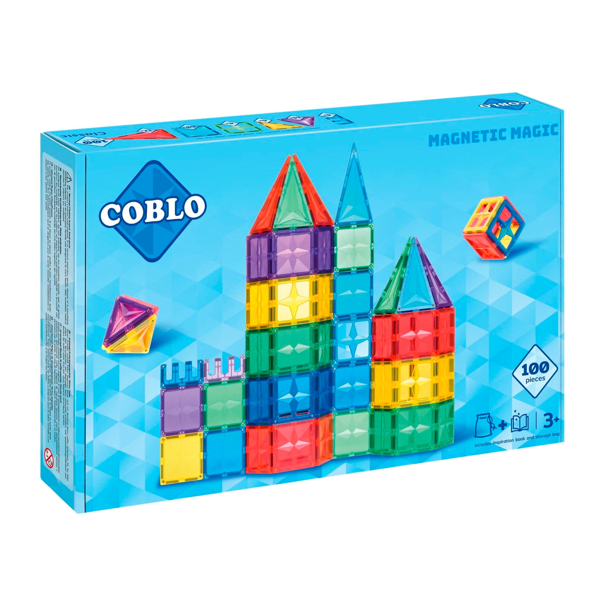 Magnetisch speelgoed Coblo Classic verpakking met 100 kleurrijke magnetische tegels en kasteel