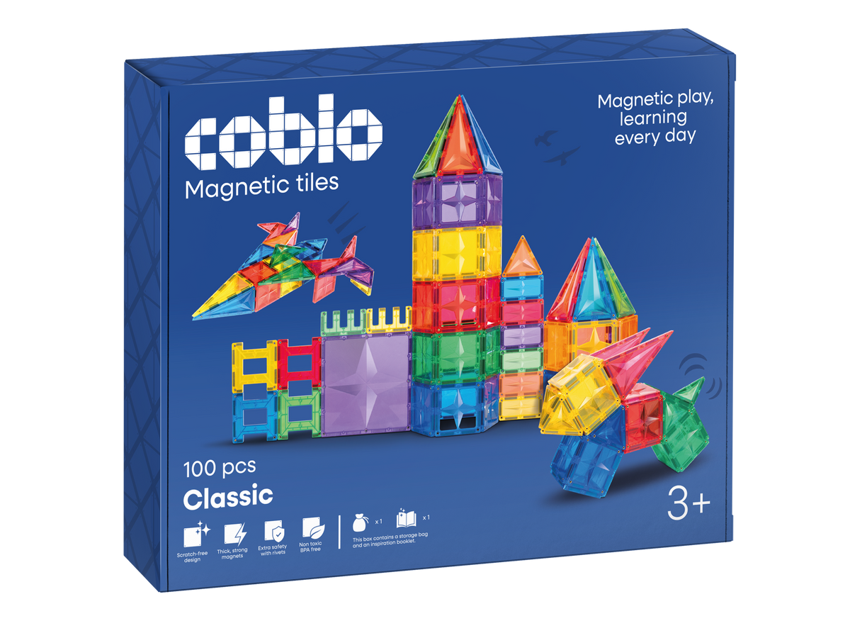Magnetisch speelgoed Coblo Classic 100 stuks voorkant verpakking met kleurrijke magnetische tegels