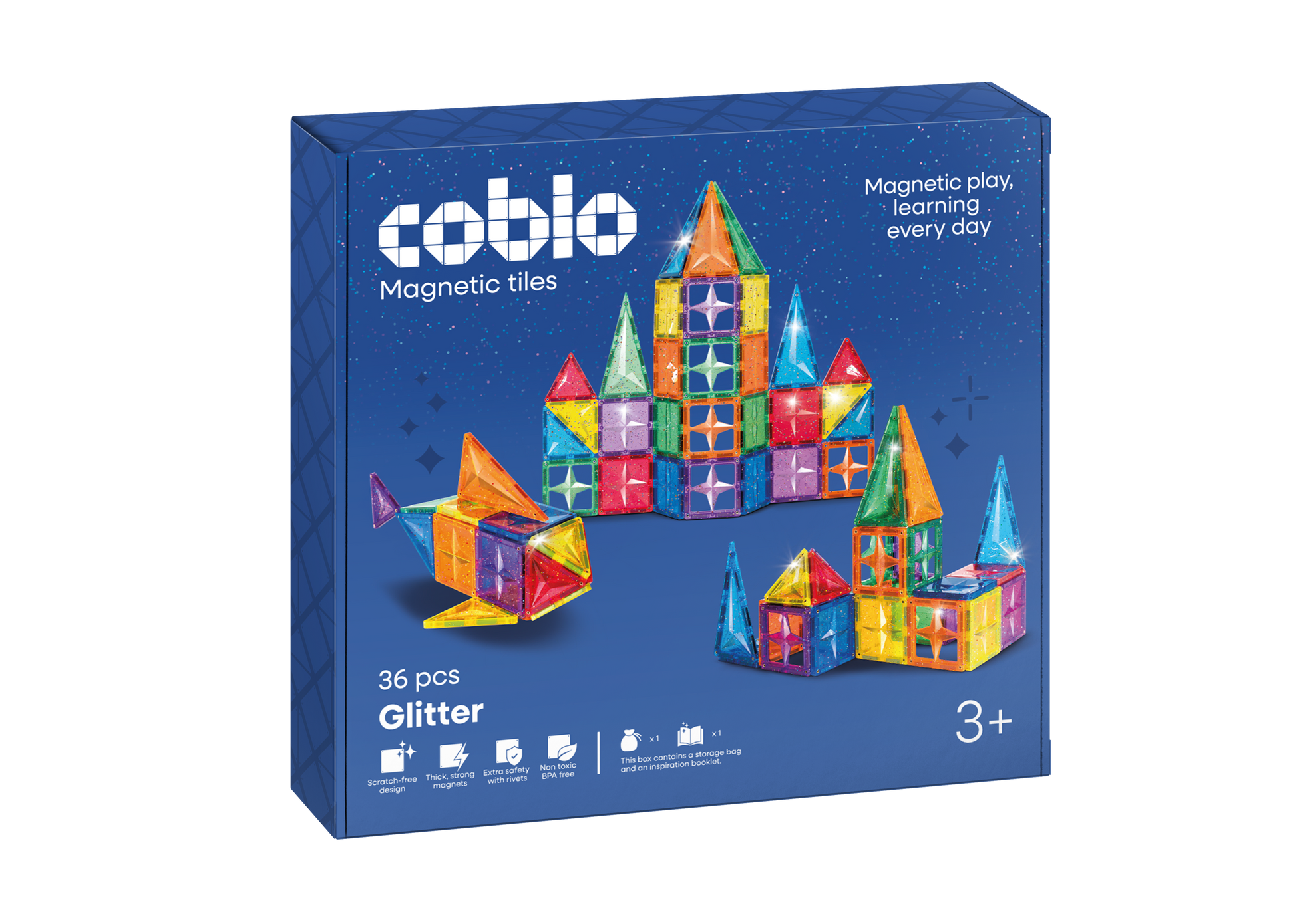 Magnetisch speelgoed Coblo Classic glitter 36 stuks voorkant verpakking met kleurrijke kastelen
