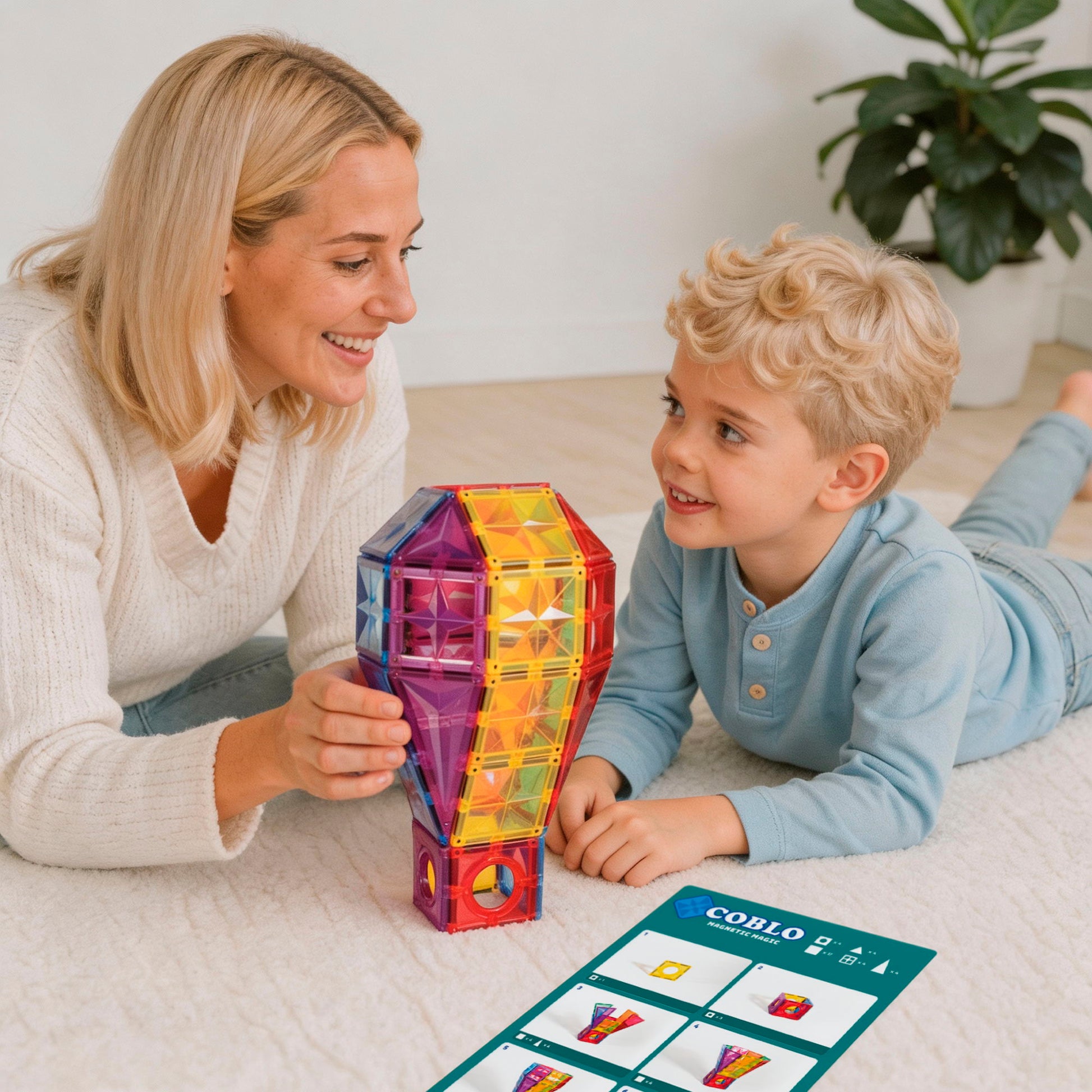Magnetisch speelgoed Coblo in gebruik met kind en volwassene die kleurrijke toren bouwen volgens bouwkaart