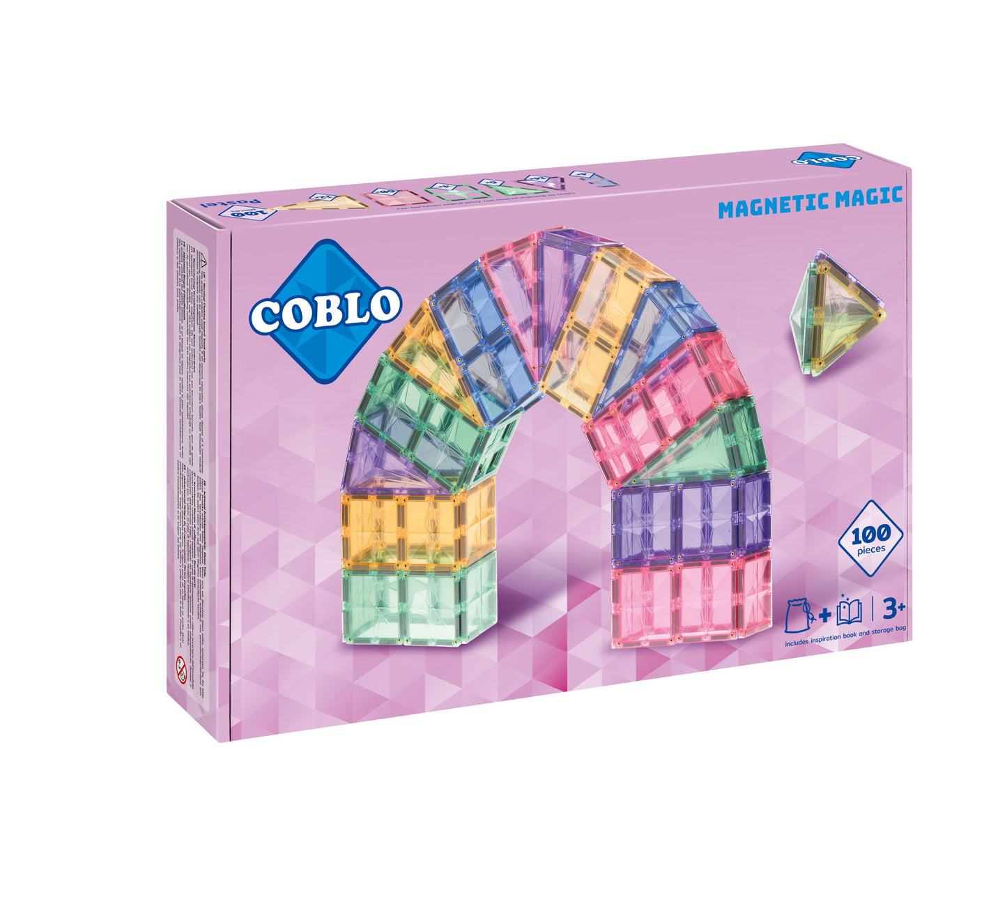 Magnetisch speelgoed Coblo Pastel 100 stuks verpakking, roze doos met kleurrijke magnetische tegels