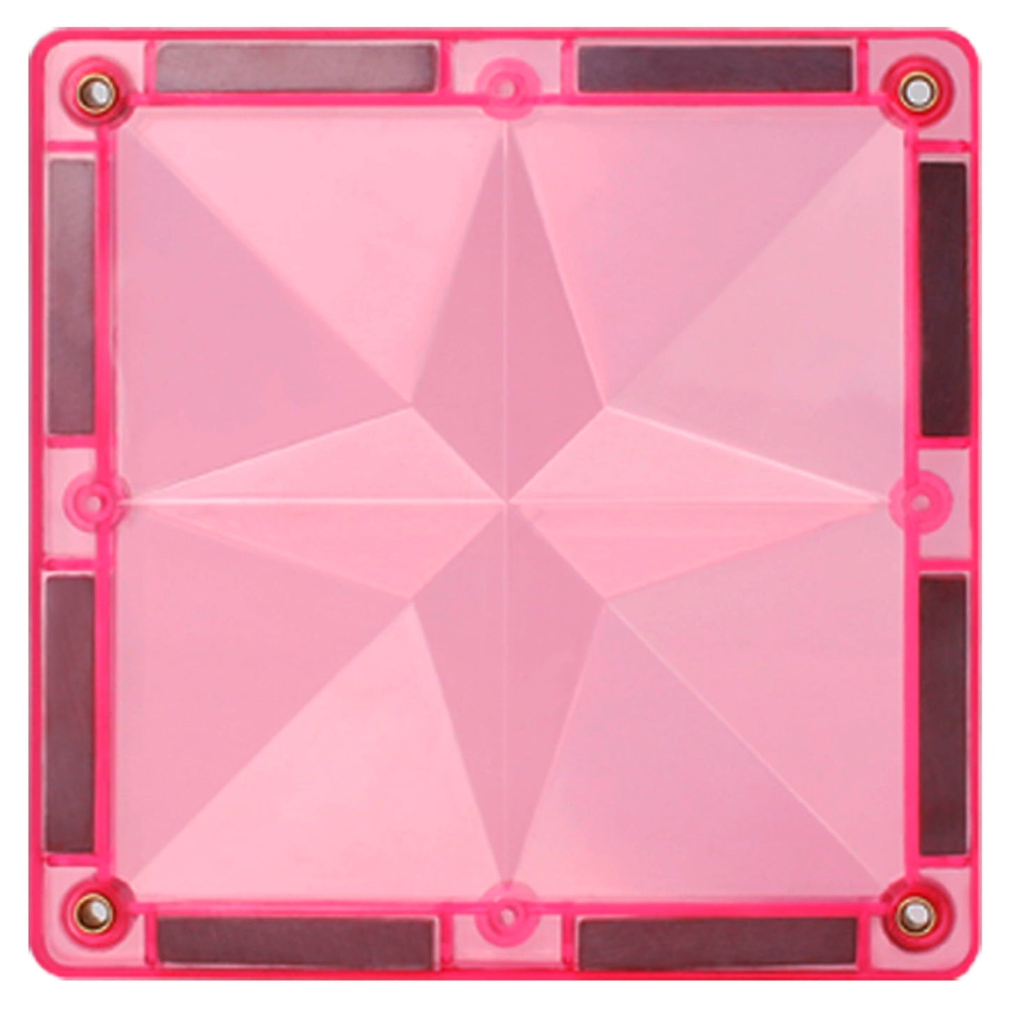 Magnetisch speelgoed detail, roze Coblo tegel met zichtbare magneetstrips en geometrisch patroon binnen