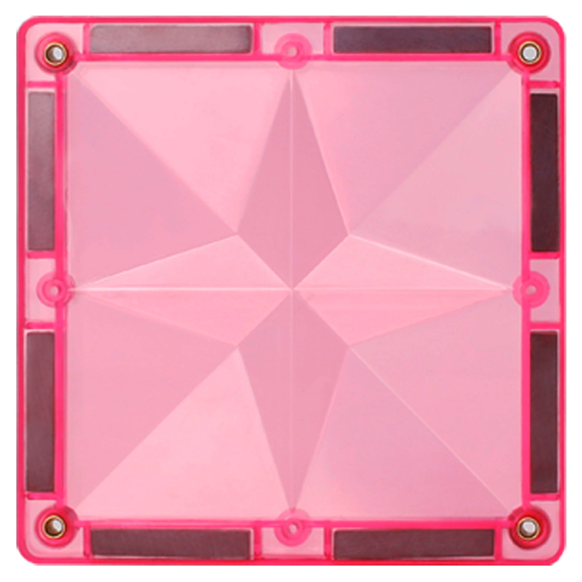 Magnetisch speelgoed detail, roze Coblo tegel met zichtbare magneetstrips en geometrisch patroon binnen