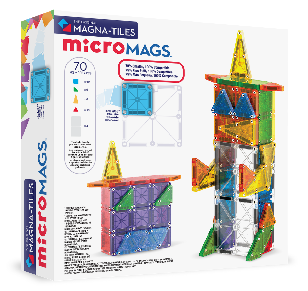 Achterzijde magnetic magna tiles MicroMAGS deluxe set verpakking met 70 magnetische tegels en bouwvoorbeeld