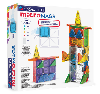 Achterzijde magnetic magna tiles MicroMAGS deluxe set verpakking met 70 magnetische tegels en bouwvoorbeeld