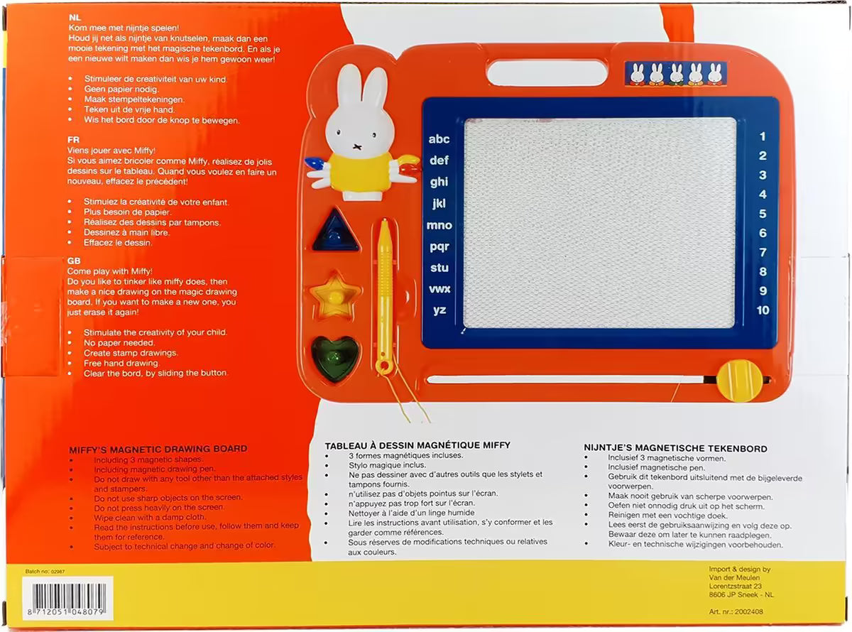 Achterzijde doos van Magnetisch tekenbord Nijntje met uitleg in meerdere talen en zichtbare accessoires.