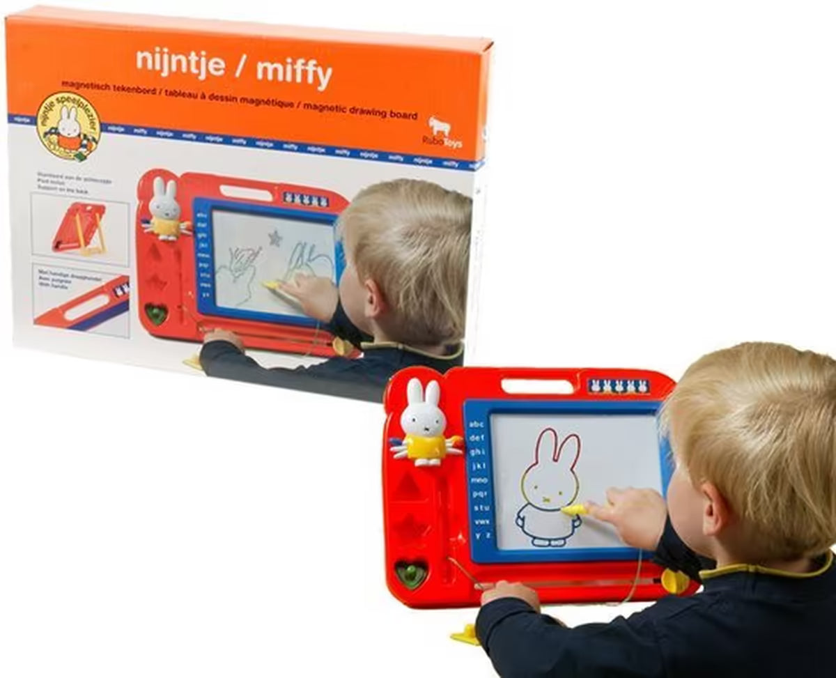 Magnetisch tekenbord Nijntje met kind dat een Miffy kleurplaat maakt, inclusief verpakking met productfoto.