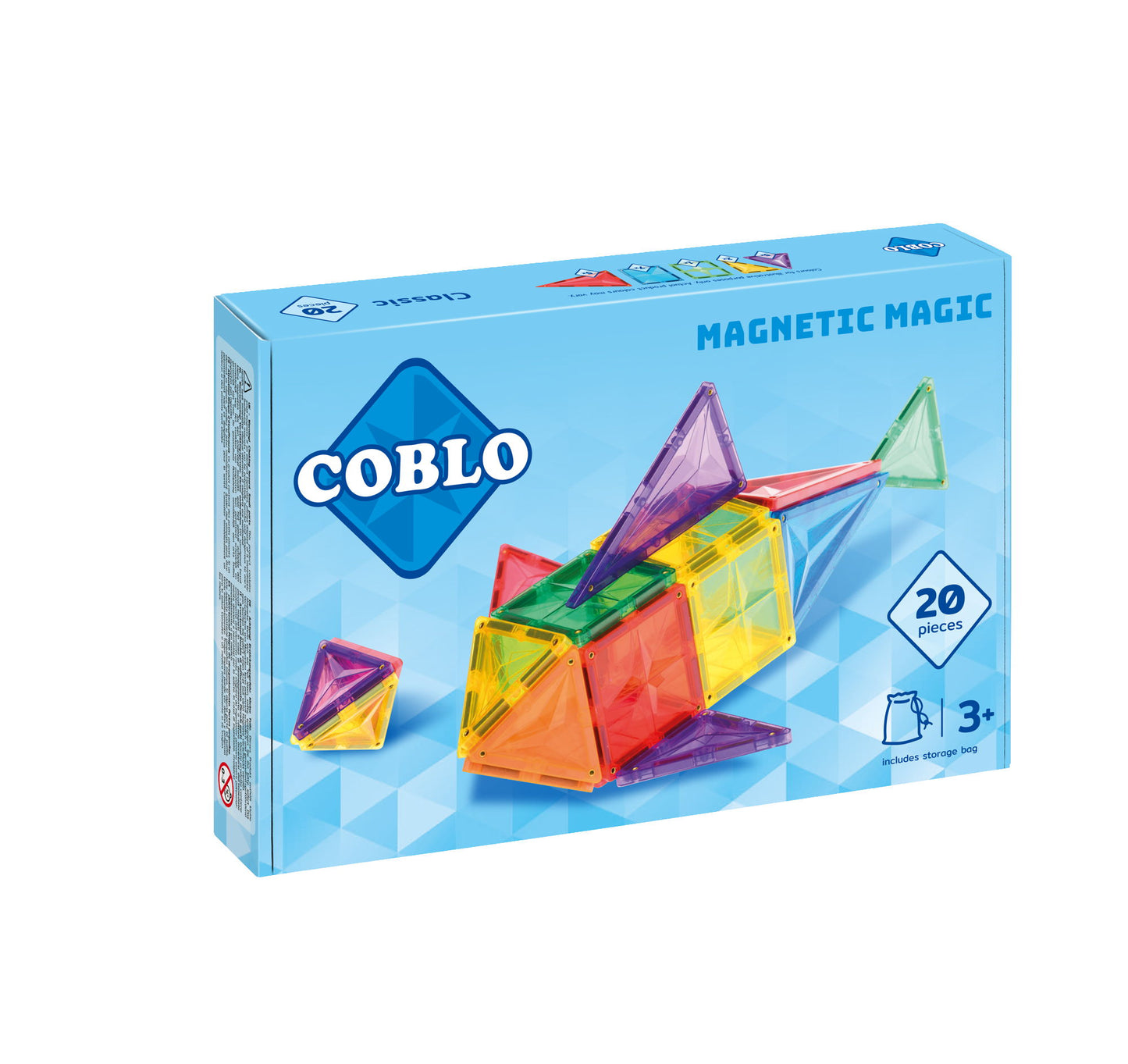 Magnetische bouwstenen Coblo Classic set 20 stuks voorkant verpakking met kleurrijke tegels