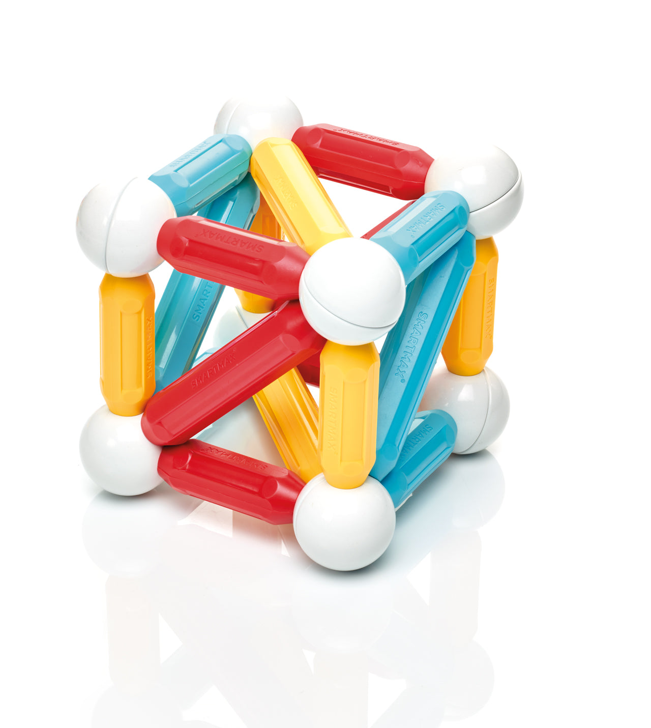 SmartMax Start SMX 309 kubusvorm constructie met geel-rood-blauwe magnetische staven en witte magneet balletjes