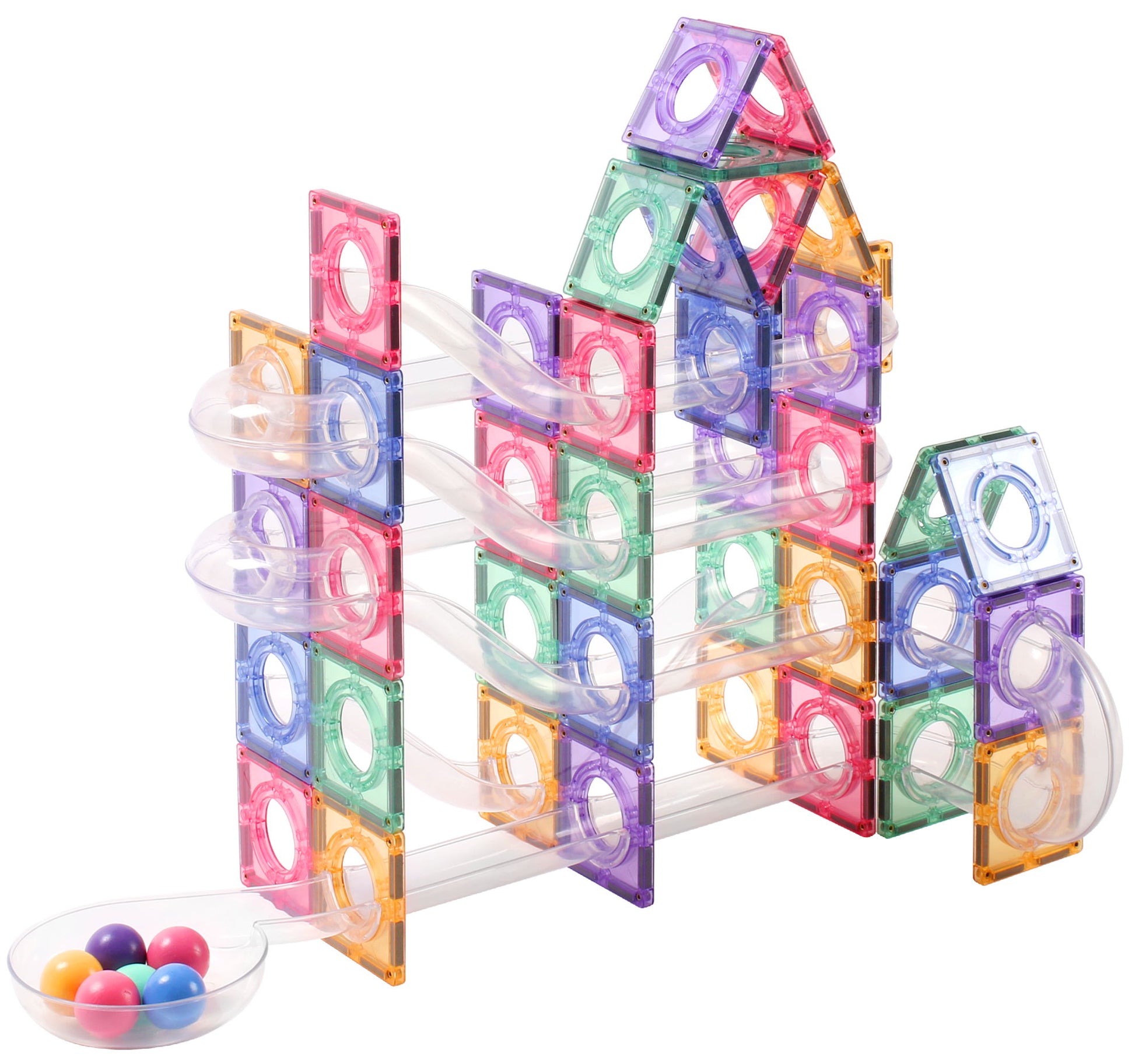 Magnetische knikkerbaan met Coblo pastel tegels in roze, blauw, groen en geel met transparante baanstukken