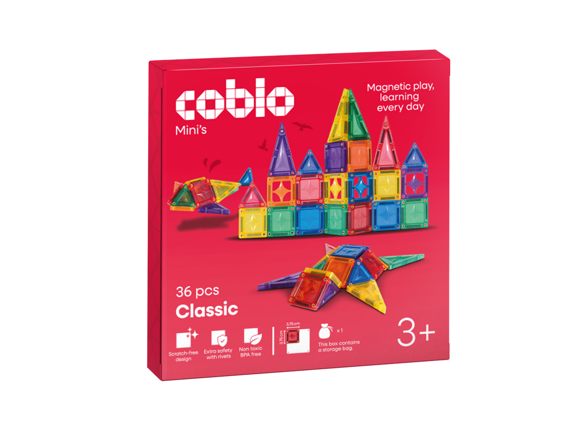 Magnetische tegels Coblo Classic Mini's 36 stuks voorkant verpakking met kleurrijk magneet speelgoed