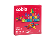 Magnetische tegels Coblo Classic Mini's 36 stuks voorkant verpakking met kleurrijk magneet speelgoed
