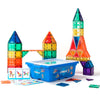 Magnetische tegels Coblo Classic Schoolbox met 200 stuks, kleurrijke torens, blauwe opbergdoos en opdrachtkaarten