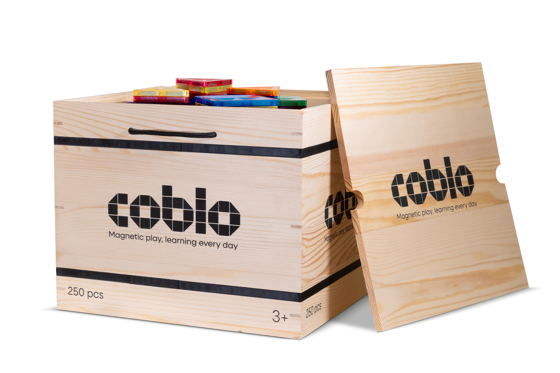 Magnetische tegels Coblo Classic XL Box 250 stuks in houten opbergdoos met deksel en kleurrijk speelgoed