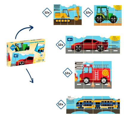 magnetische tegels Coblo Transport set met 60 puzzels: tractor, auto, trein, graafmachine