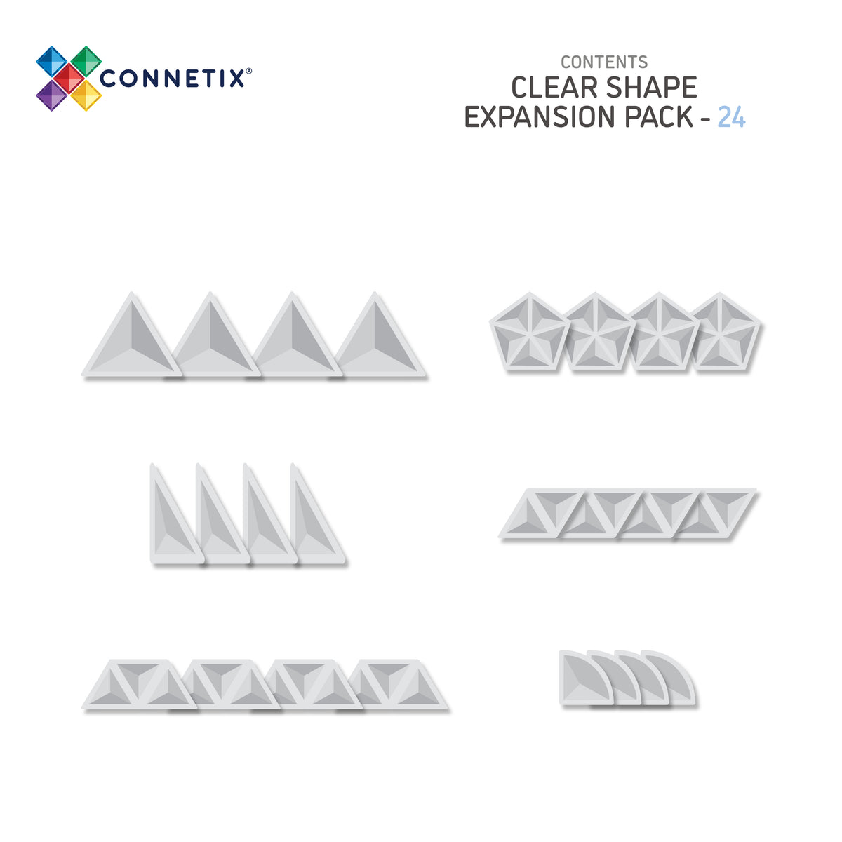 Magnetische tegels Connetix inhoud overzicht 24 stuks clear shapes driehoeken pentagonen