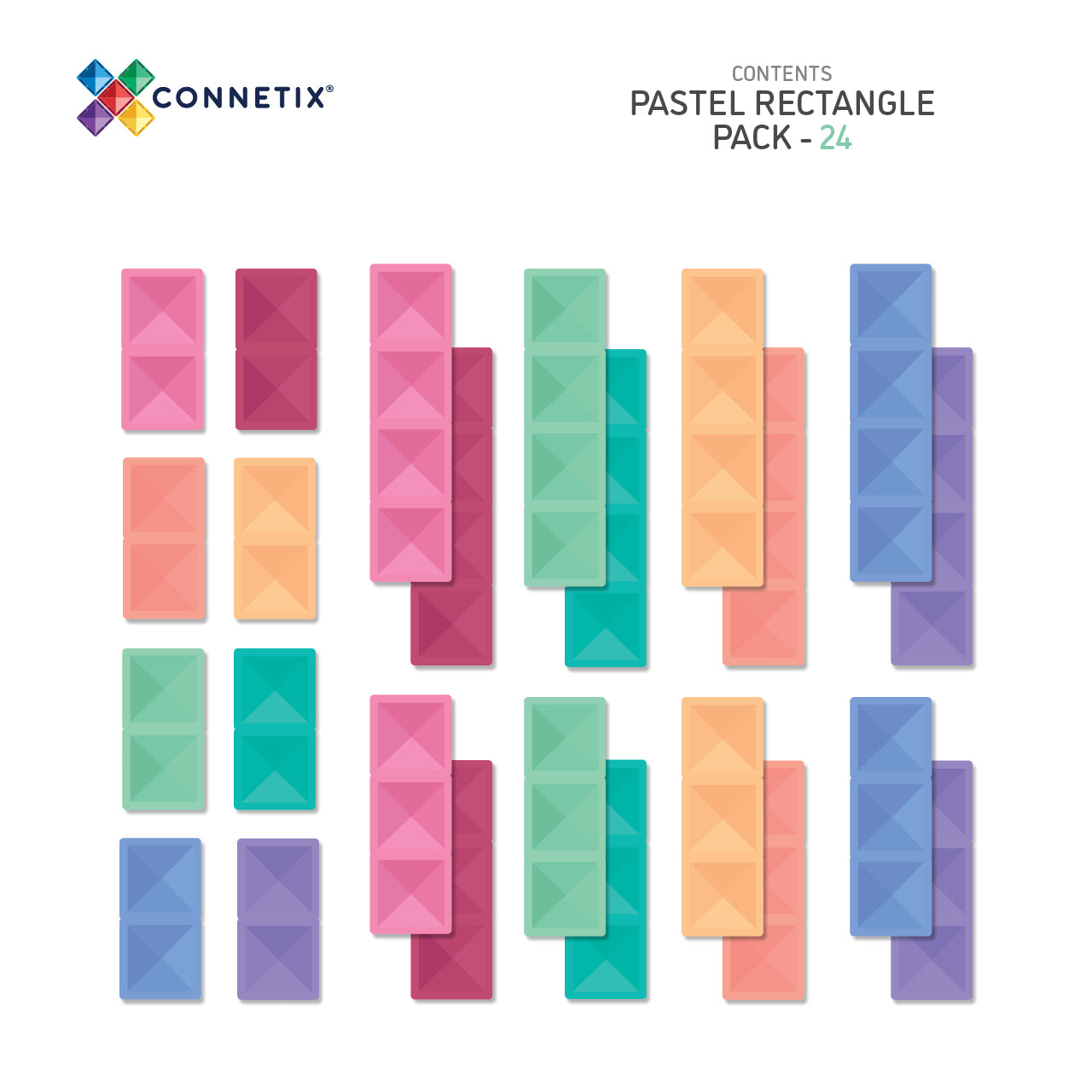 Inhoud overzicht Connetix Pastel Rectangle Pack 24pc met 24 magnetische tegels in zachte pastelkleuren