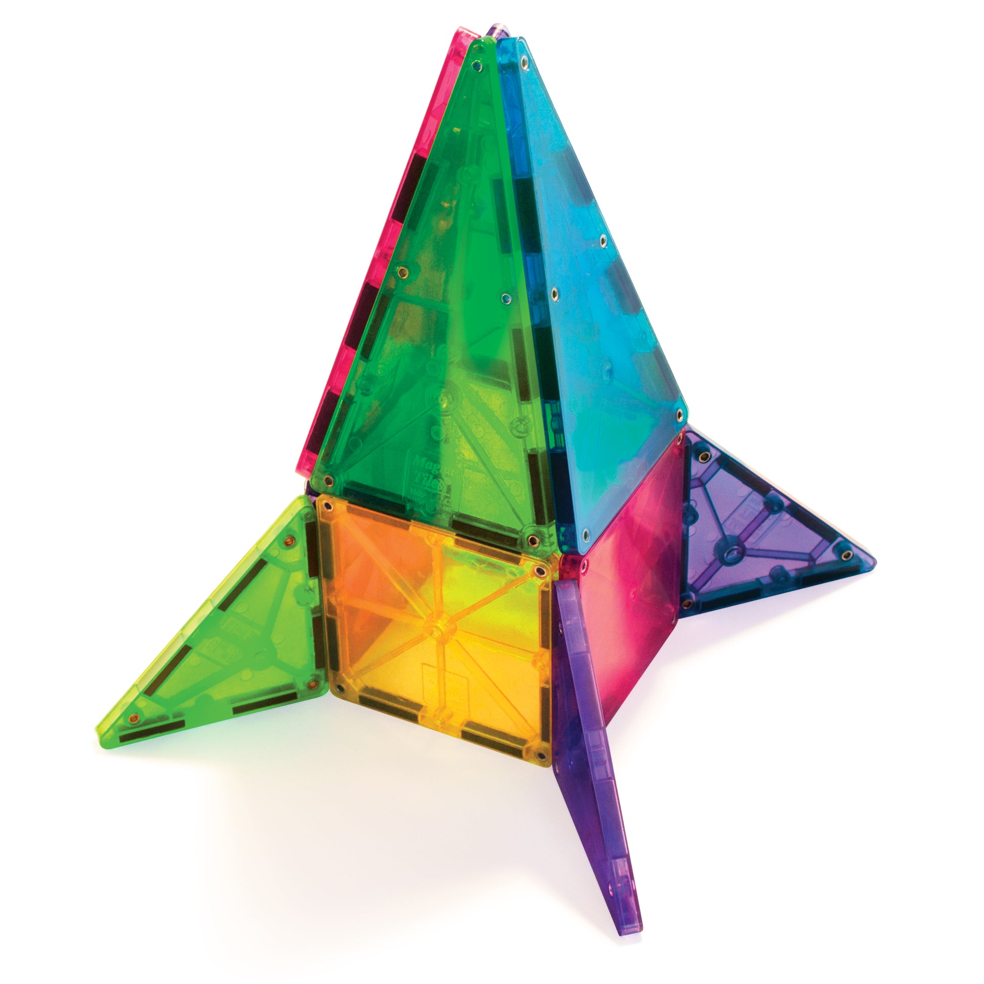 Piramide gebouwd met 32 magnetische tegels transparante driehoeken in groen roze blauw oranje paars