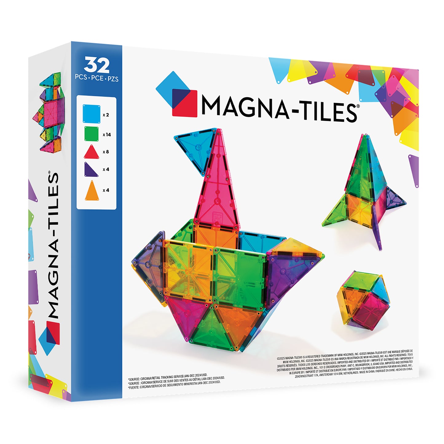 Zijkant verpakking 32 magnetische tegels met inhoud overzicht vierkanten en driehoeken magneet speelgoed