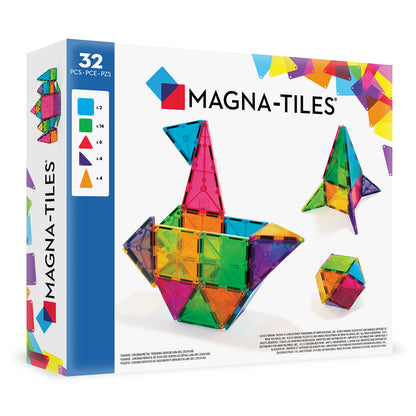Zijkant verpakking 32 magnetische tegels met inhoud overzicht vierkanten en driehoeken magneet speelgoed