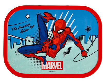 Deksel van Marvel Spiderman broodtrommel kind, met kleurrijke superheld print en opschrift The Amazing Spider-Man.