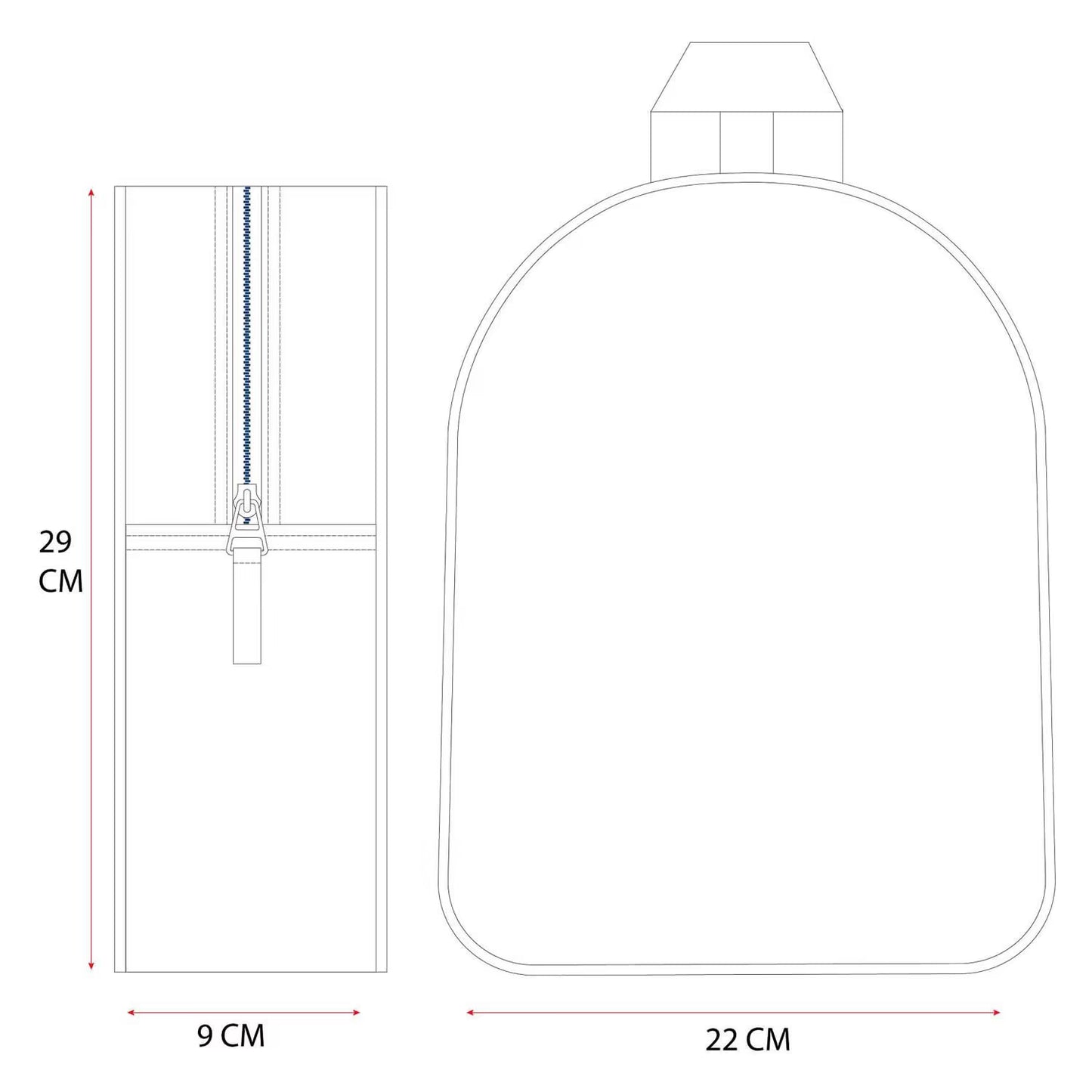 Technische tekening van Marvel Spiderman rugzak kind met afmetingen 29x22x9 cm, ideaal als kleine rugzak school.