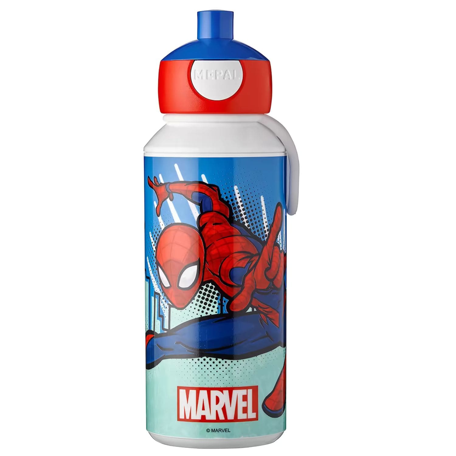 Rode en blauwe Mepal Campus drinkfles 400 ML met Marvel Spiderman print, ideale drinkfles kind voor school of onderweg.