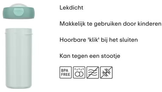 Groene Mepal drinkbeker van 300 ml, lekdicht en kindvriendelijk, ideaal voor school of onderweg.