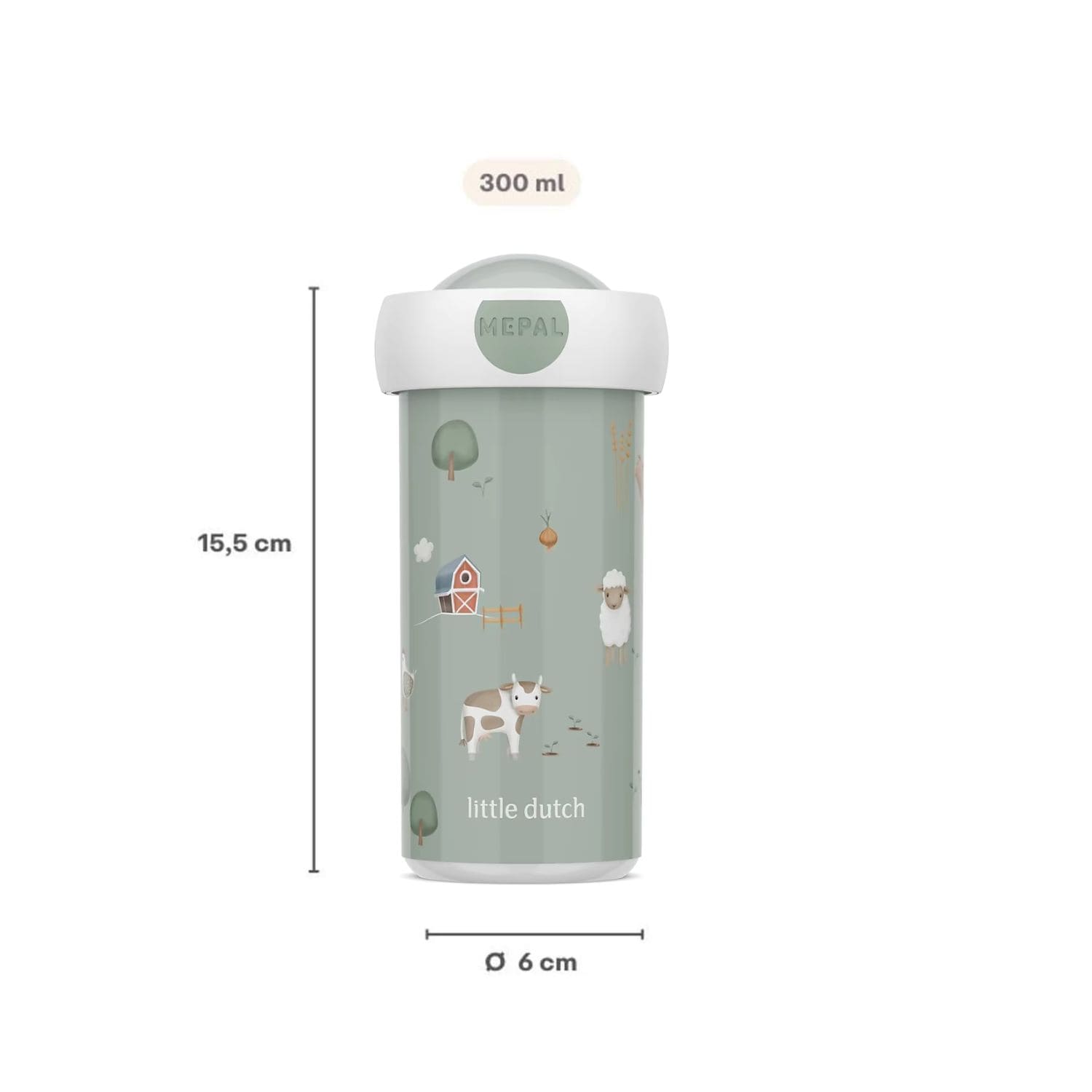 Little farm Mepal drinkbeker van 300 ml met afmetingen 15,5 cm hoog en 6 cm diameter, BPA-vrij.Little Dutch