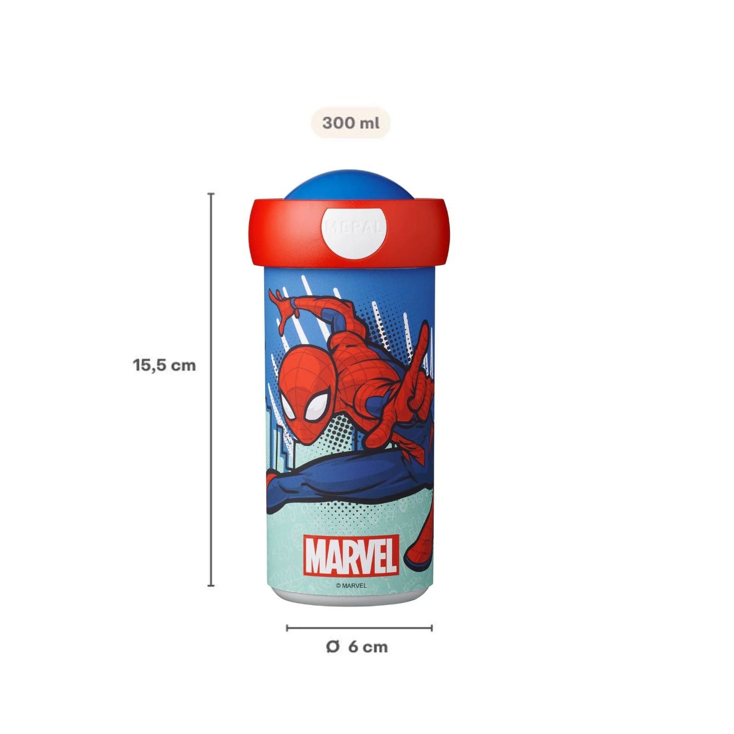 Marvel Spiderman Mepal drinkbeker van 300 ml met afmetingen 15,5 cm hoog en 6 cm diameter, BPA-vrij.