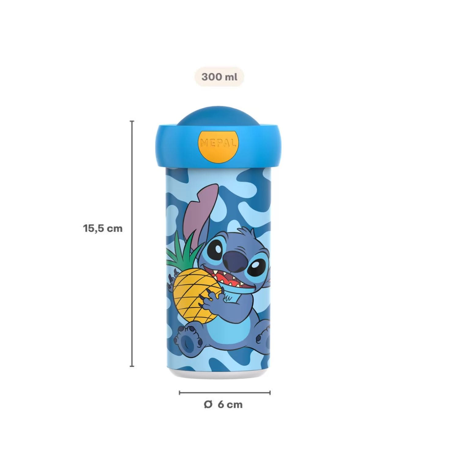 Stitch Mepal drinkbeker van 300 ml met afmetingen 15,5 cm hoog en 6 cm diameter, BPA-vrij.