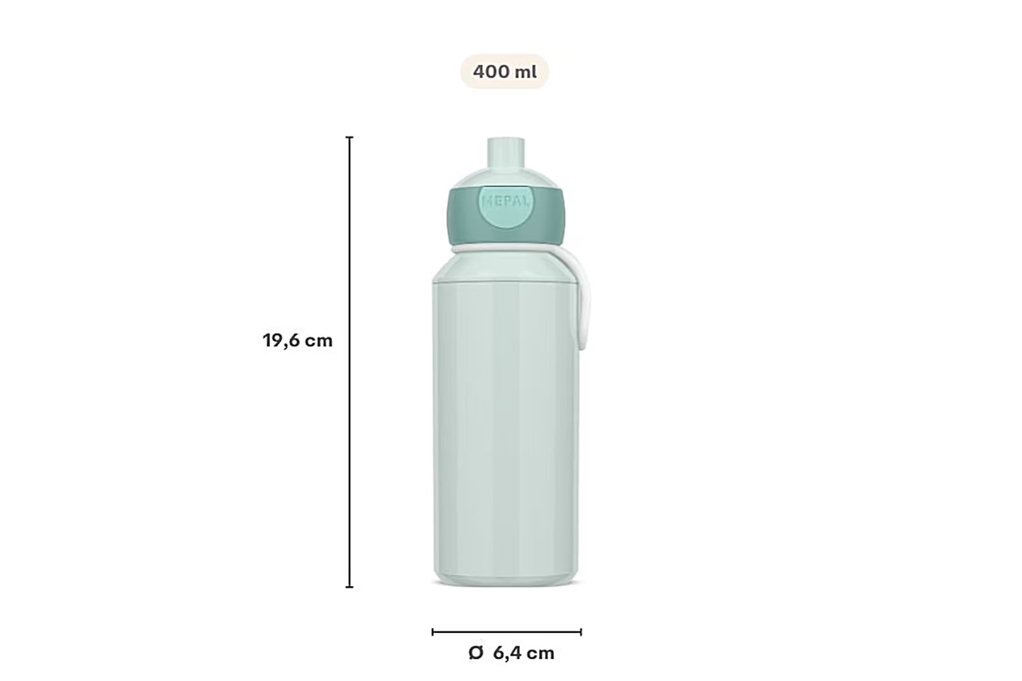 Mintgroene Mepal drinkfles 400 ML met afmetingen 19,6 cm hoog en 6,4 cm diameter, licht en praktisch voor kinderen