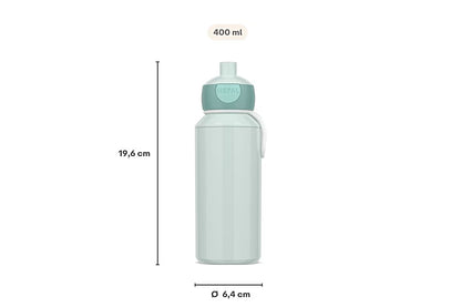 Mintgroene Mepal drinkfles 400 ML met afmetingen 19,6 cm hoog en 6,4 cm diameter, licht en praktisch voor kinderen
