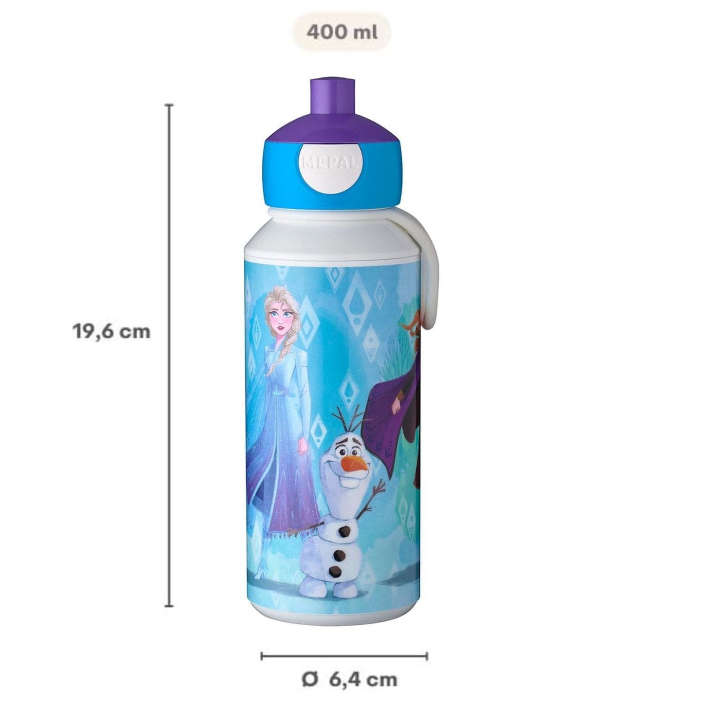 Frozen Mepal drinkfles 400 ML met afmetingen 19,6 cm hoog en 6,4 cm diameter, praktisch voor kinderen