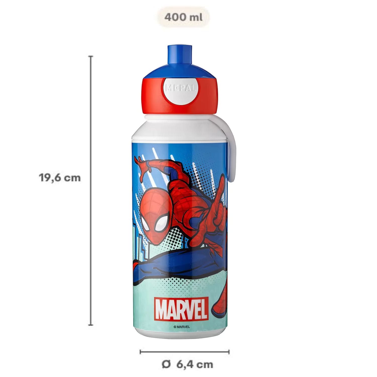 pop up marvel spiderman Mepal drinkfles 400 ML met afmetingen 19,6 cm hoog en 6,4 cm diameter, licht voor kinderen
