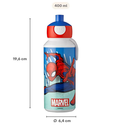 pop up marvel spiderman Mepal drinkfles 400 ML met afmetingen 19,6 cm hoog en 6,4 cm diameter, licht voor kinderen