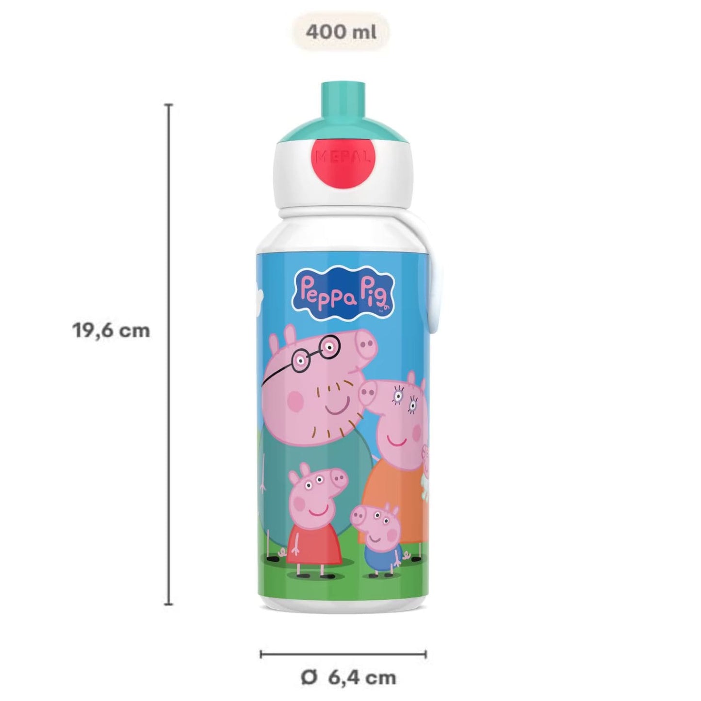 peppa pig Mepal drinkfles 400 ML met afmetingen 19,6 cm hoog en 6,4 cm diameter, praktisch voor kinderen