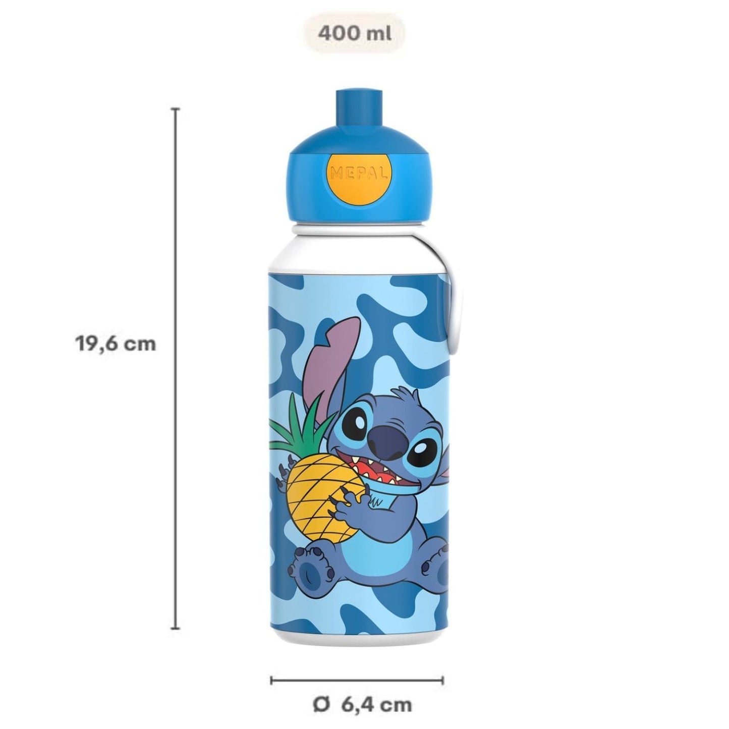 Stitch Mepal drinkfles 400 ML met afmetingen 19,6 cm hoog en 6,4 cm diameter, praktisch voor kinderen