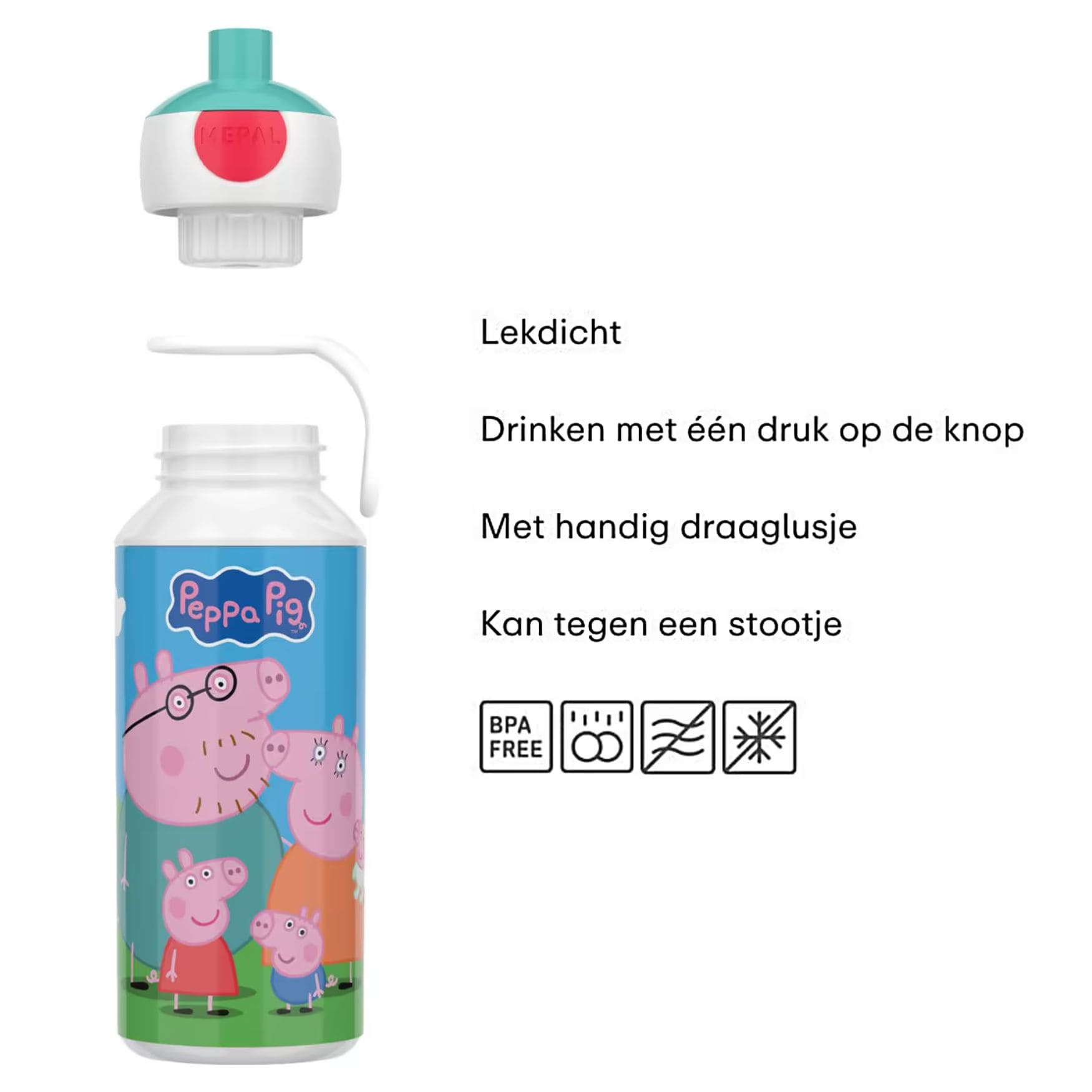 Mepal drinkfles kind 400 ML in Peppa Pig, lekdicht en BPA-vrij, handig met draaglus en eenvoudig te openen door kinderen