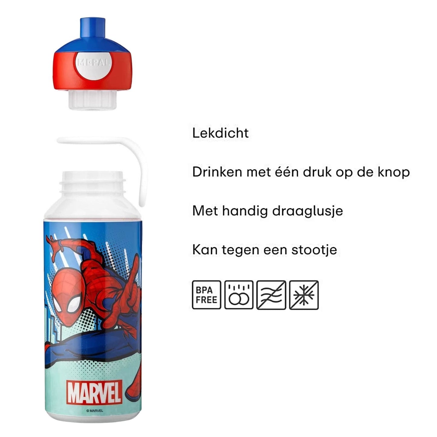 Mepal drinkfles kind 400 ML in Spiderman, lekdicht en BPA-vrij, handig met draaglus en eenvoudig te openen door kinderen