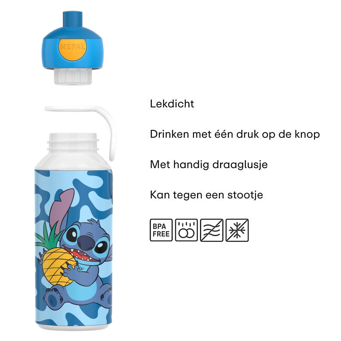 Mepal drinkfles kind 400 ML in Stitch, lekdicht en BPA-vrij, handig met draaglus en eenvoudig te openen door kinderen