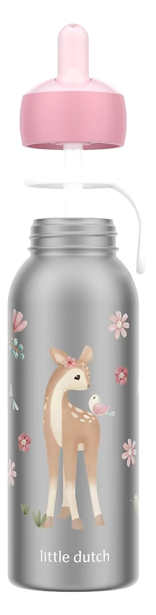 Mepal Isoleerfles flip-up 350 ml, rvs drinkfles kind met sprookjesachtig hertje en bloemenprint.