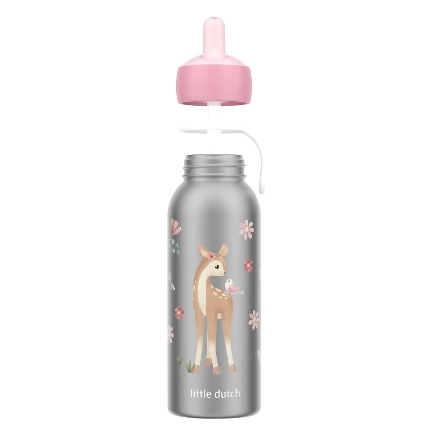 Mepal Isoleerfles flip-up 350 ml, rvs drinkfles kind met sprookjesachtig hertje en bloemenprint.