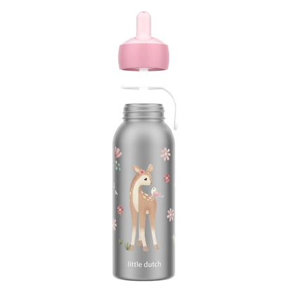 Mepal Isoleerfles flip-up 350 ml, rvs drinkfles kind met sprookjesachtig hertje en bloemenprint.