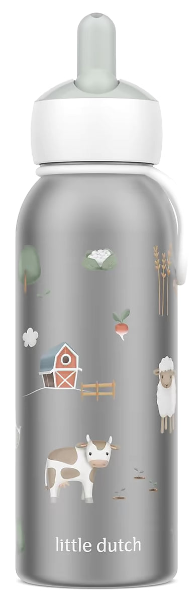Mepal Isoleerfles Little Dutch Little Farm 350 ml RVS drinkfles kind met koe, schaap en boerderijprint aan voorzijde.