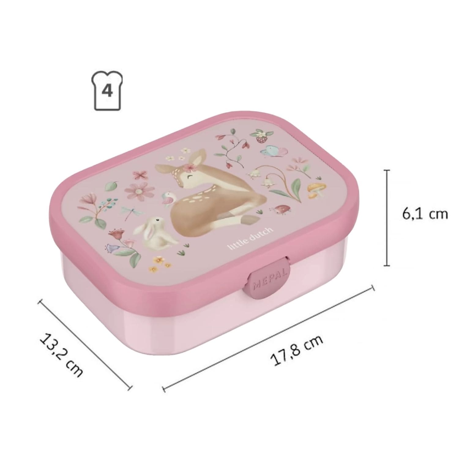 Fairy garden Mepal lunchbox van Little Dutch met afmetingen 17,8 x 13,2 cm, geschikt voor vier boterhammen.