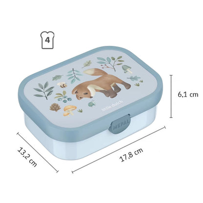 Forest Friends Mepal lunchbox van Little Dutch met afmetingen 17,8 x 13,2 cm, geschikt voor vier boterhammen.
