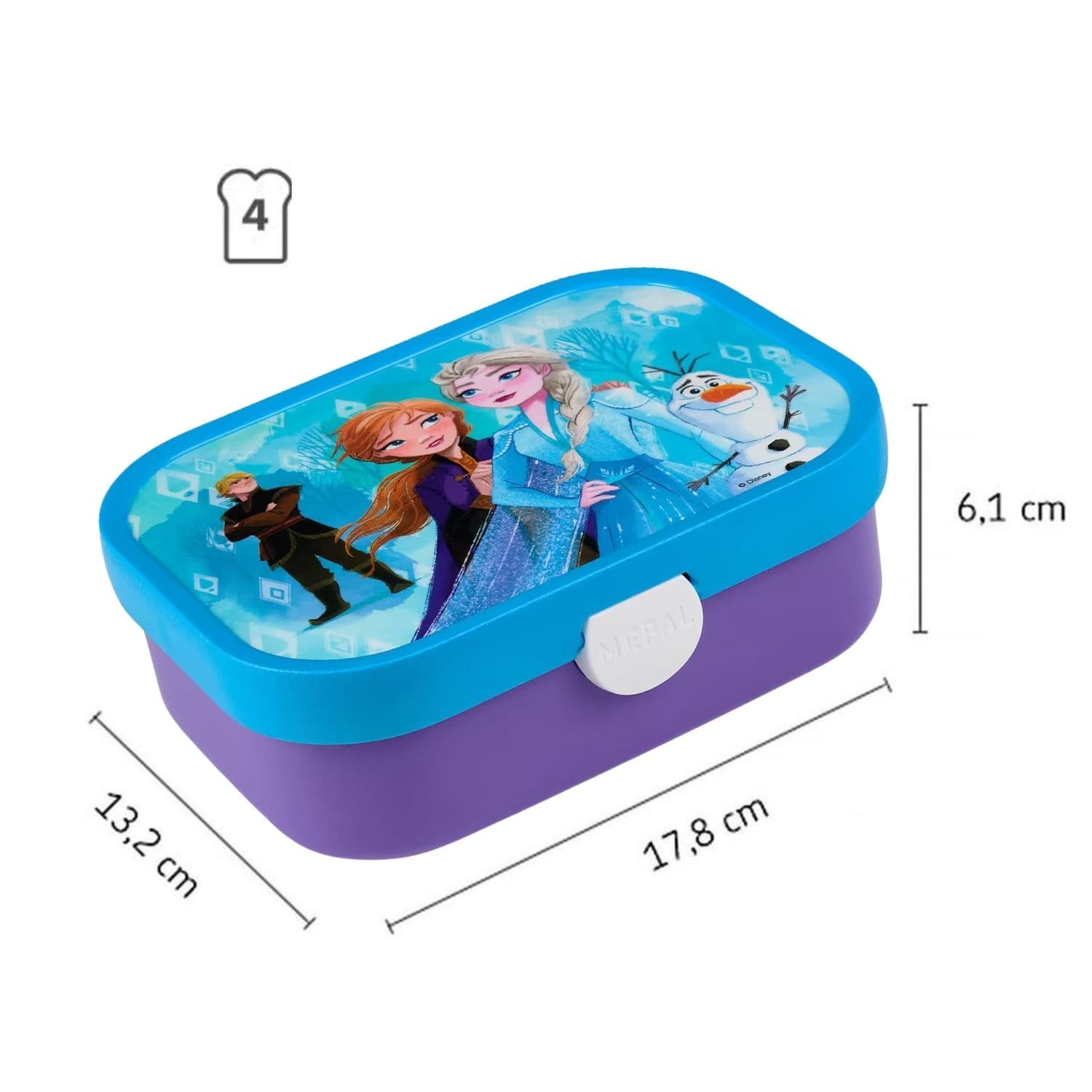 Frozen Mepal lunchbox met afmetingen 17,8 x 13,2 cm, geschikt voor vier boterhammen voor kinderen.