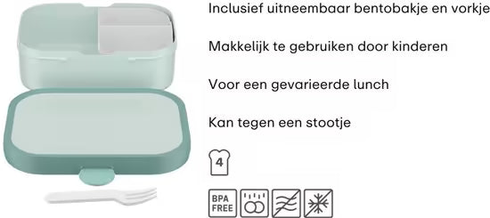 Mintgroene Mepal lunchbox met uitneembaar bentobakje en vorkje, kindvriendelijk en praktisch voor gevarieerde lunch